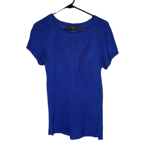 Fever Open Knit Top Size L Blue Round Neck‎ Short Sleeve Acrylic Blouse Shirt